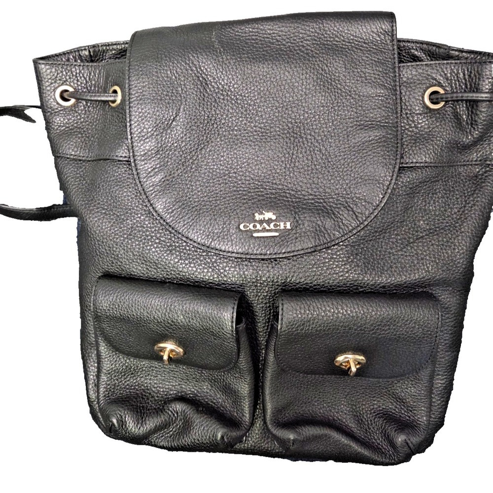 Coach Drawstring Backpack Bag  Turnlock Front Pockets BLK F-29008‎ Leather